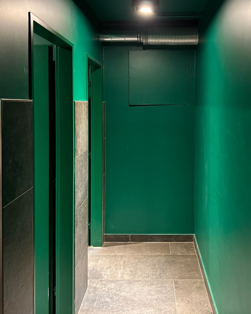 A bright green entrance to the cludgies - the ceiling, walls, and doors are uniformly green, with a light grey tiled floor. On the left, the grey tiles extend about half-way up the wall as the doorway leads into the cludgies.